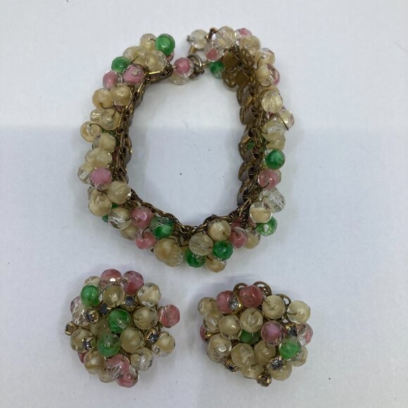 Vtg 1950 glass seed beads Miriam Haskell style earrings bracelet set - Picture 2 of 5